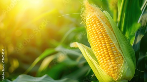 Ripe yellow corn cob in a sunlit cornfield, symbol of organic farming