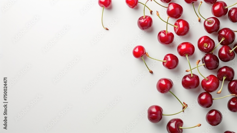 Bright red cherries with green stems scattered on a clean white background Bright red cherries with green stems scattered on a clean white background