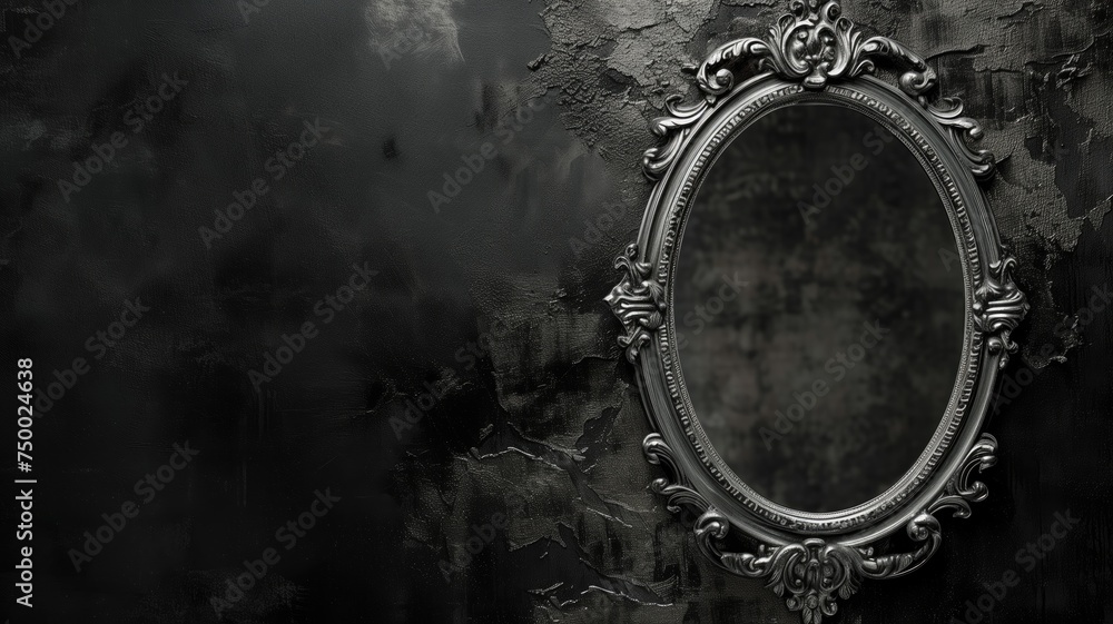 Ornate antique mirror reflecting the richness of textured darkness - obrazy, fototapety, plakaty 
