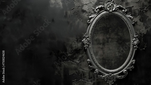 Ornate antique mirror reflecting the richness of textured darkness photo