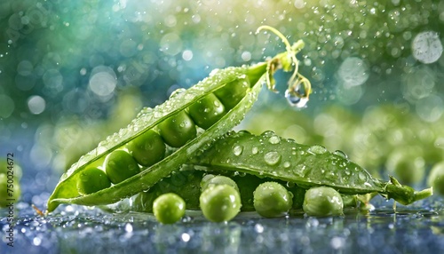 Fresh organic whole peas on the table with water drops