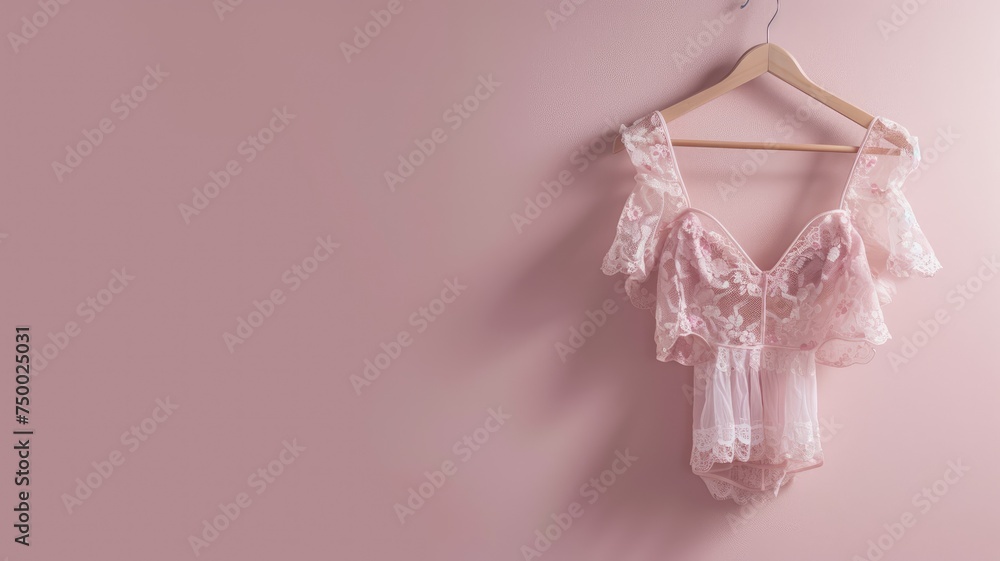 Delicate pink lace lingerie hanging on a hanger against a soft pink background Delicate pink lace lingerie hanging on a hanger against a soft pink background