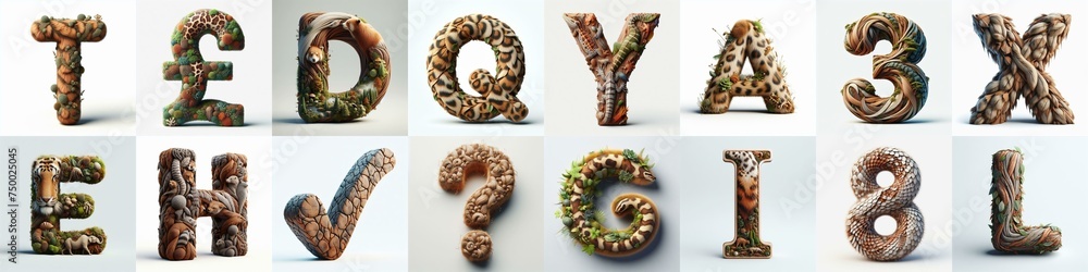 Fototapeta premium Animal lettering 3D. AI generated illustration