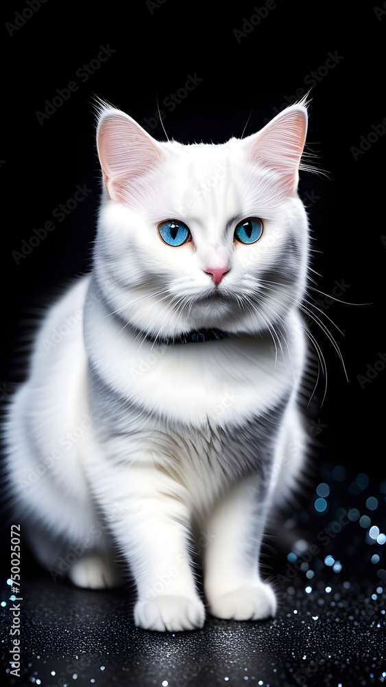 White cat on a black background. White cat on a black background.