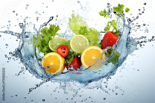 Fresh multi fruits and healthy vegetables food diet freshness and cocktail drinks  summer beverage concept with ice water drop splash background