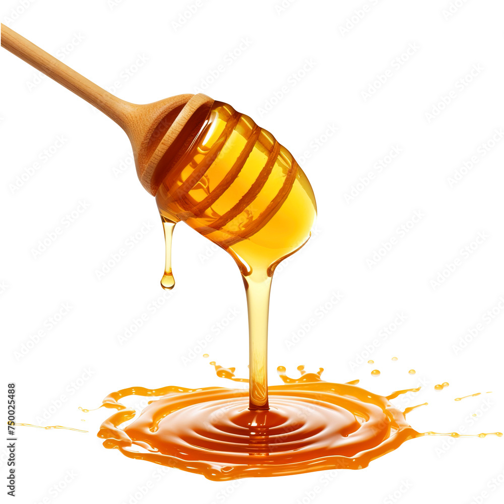 Honey dripping from a wooden dipper isolated on transparent background Honey dripping from a wooden dipper isolated on transparent background