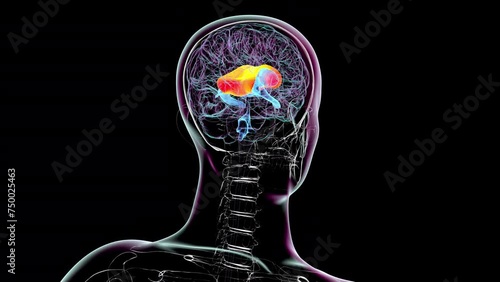 3D animation showcasing the human brain with emphasis on the corpus callosum and ventricles, essential for interhemispheric communication and cerebrospinal fluid circulation. photo