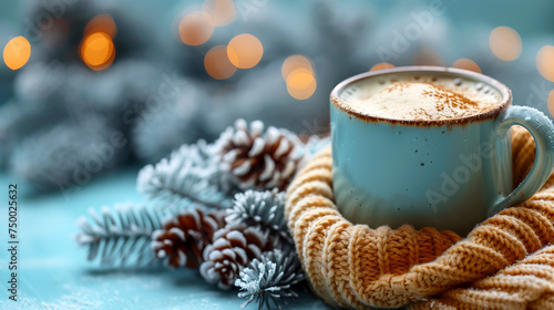 Cup of coffee with Christmas decorations on a knitted plaid background