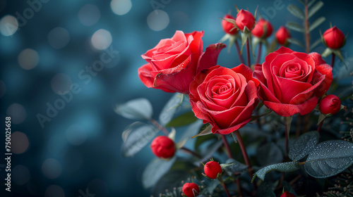 Red roses on a dark bokeh background with copy space for text.