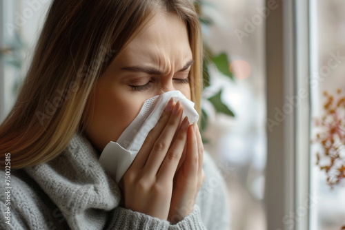 Portrait of woman blowing nose in napkin, treatment of illness, cold and flu