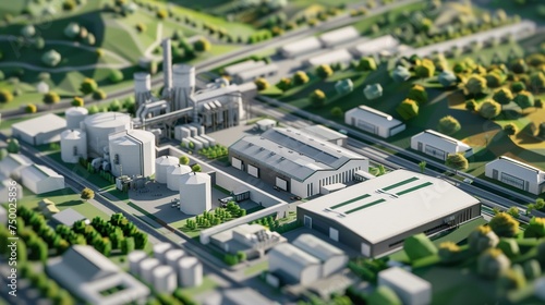 an ortographic 3d low poly aerial view of a wine factory including its vineyard and production plants that use iot sensors global illumination allure is white and green highlights for iot sensors photo
