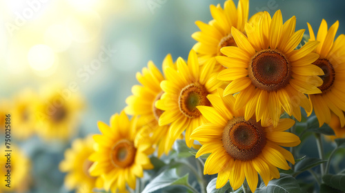 Yellow sunflowers in the garden with bokeh background