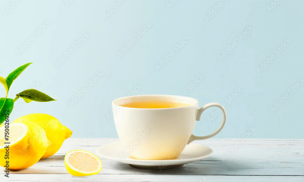 cup of tea and lemon on the table. Selective focus.