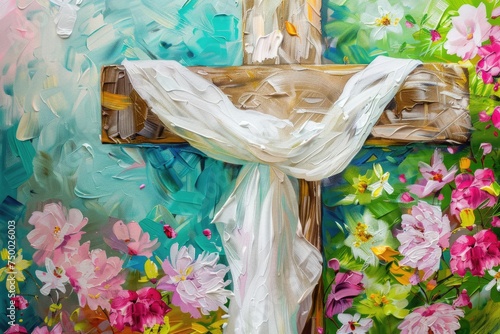 Artistic watercolor illustration of a wooden cross adorned with pink flowers and a white cloth, symbolizing Easter and renewal..