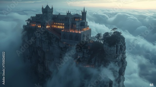 A gothic castle sits atop a sheer cliff, its lights glowing in the enveloping mist of a twilight atmosphere.