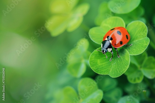 Close up Ladybug climb on the fourleaf clover