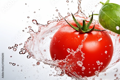 Fresh tomato healthy vegetable with falling water drop splash on white background