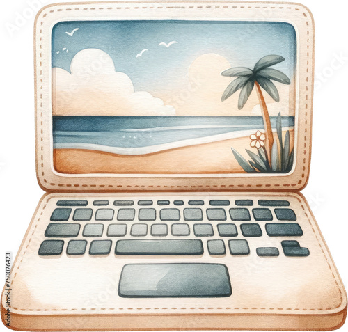 A whimsical illustration of a laptop displaying a tropical beach scene  blending technology with a vacation vibe