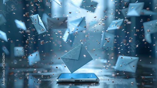 email clutter and spam concept with envelopes flying above smartphone photo