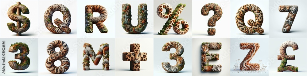 Fototapeta premium Animal lettering 3D. AI generated illustration