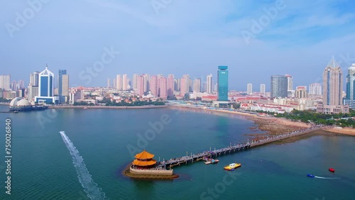 Aerial Photography of the Scenery of Qingdao Zhanqiao Huilan Pavilion and Urban Skyline in Shandong, China photo