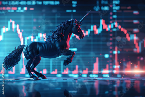 Unicorn startup concept, IPO, stock charts and graphs, technology background