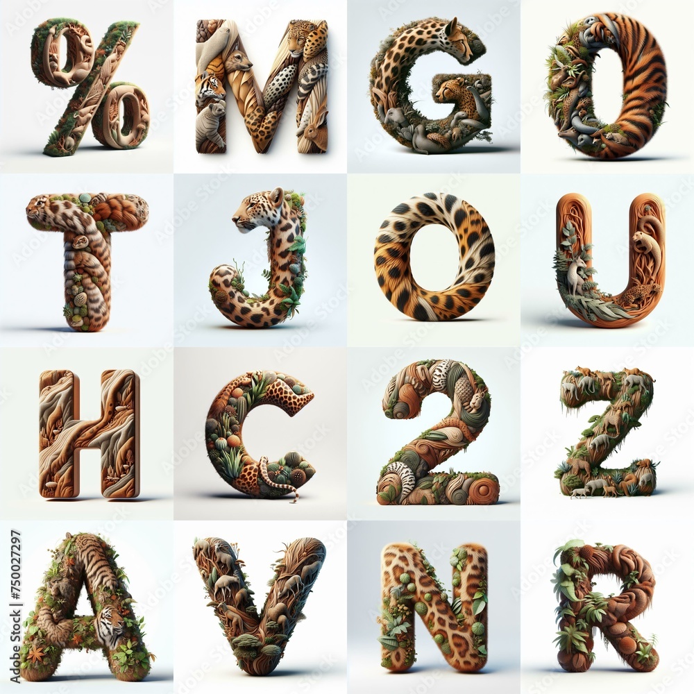 Animal lettering 3D. AI generated illustration Animal lettering 3D. AI generated illustration
