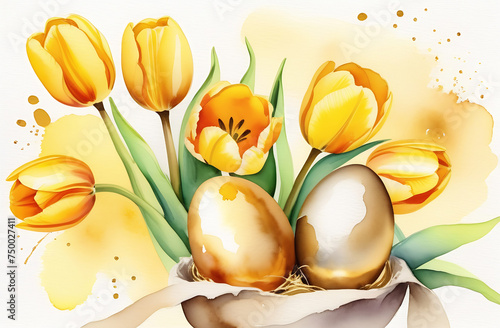 Two golden Easter eggs and yellow tulips on a watercolor yellow background