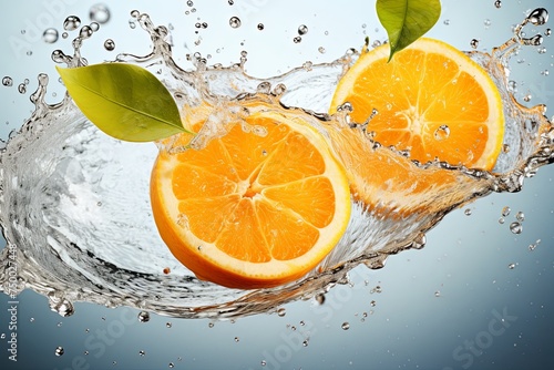 Fresh fruit floating orange juice or cocktail drinks  summer beverage concept with ice water drops splashing background