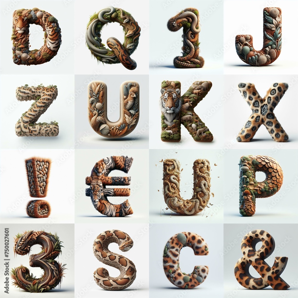 Animal lettering 3D. AI generated illustration Animal lettering 3D. AI generated illustration