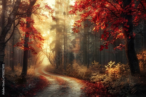 Autumn Forest Road with Yellow Leaves Background © Sri