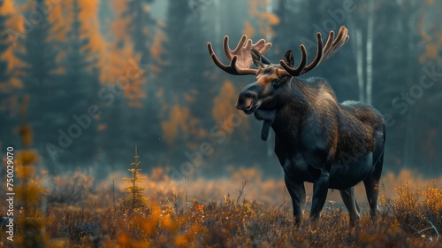 Moose standing in atmospheric dense fog. Forest Mountain wildlife. Elk. Deer. © steve