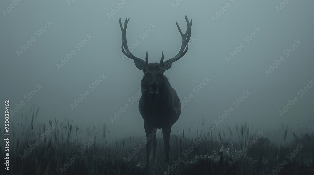 Obraz premium Moose standing in atmospheric dense fog. Forest Mountain wildlife. Elk. Deer.