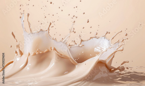 Foundation product bottle splashes in liquid foundation composition background. BB CC Cream Concealer texture. Cosmetic product swatch