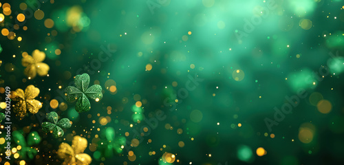 glowing green clover leaves with golden bokeh on dark background