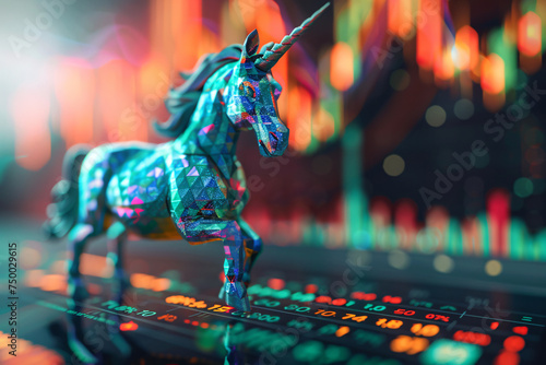 Unicorn startup concept  IPO  stock charts and graphs  technology background