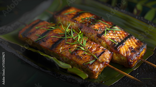 Grilled tofu steaks with rosemary on banana leaf