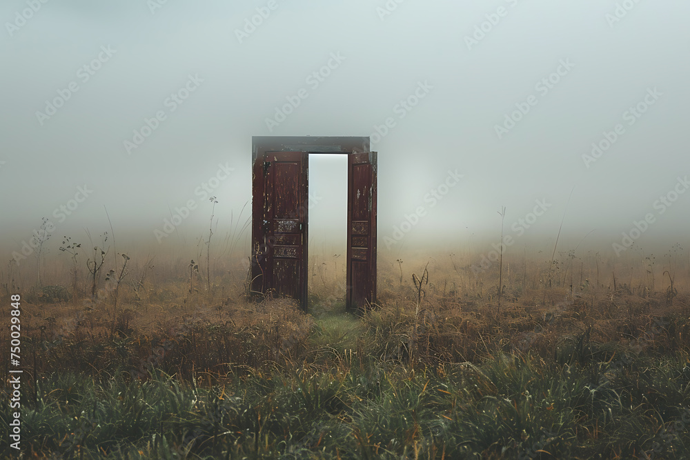 an open door stands in the middle of a field with fog

