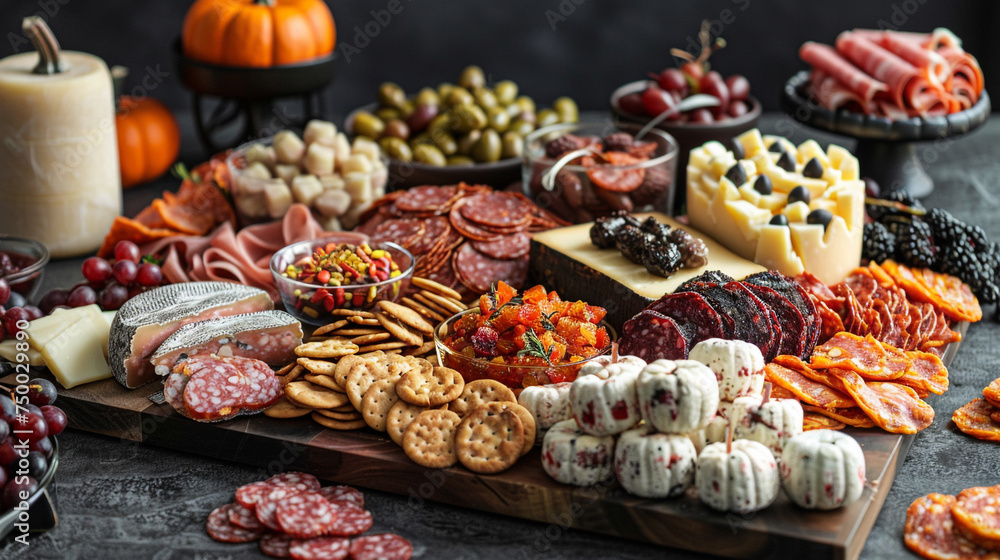 Design a Halloween-themed charcuterie board, featuring spooky-shaped cheeses, creepy crackers, and an array of hauntingly delicious treats for a festive and flavorful celebration.