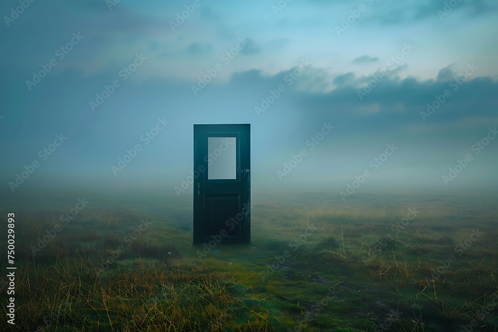 an open door stands in the middle of a field with fog
