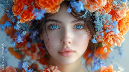 beautiful blue eyed woman framed by orange and blue flowers photo