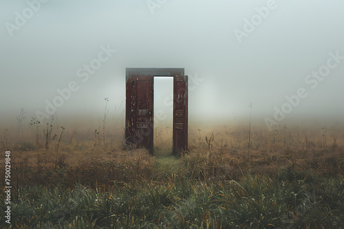 an open door stands in the middle of a field with fog 