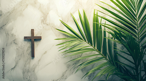 palm sunday background christianity celebration, Christian Palm Sunday with palm branches and leaves and cross photo