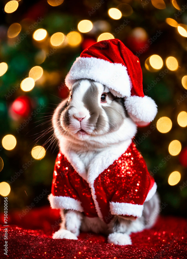 rabbit in santa's hat year of the rabbit. Selective focus.