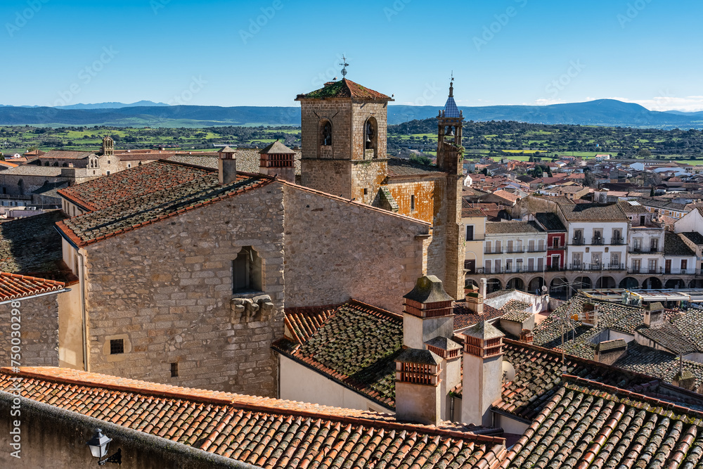 Panoramic view of the monumental city of Trujillo with the stone church towers on the rooftops, Spain.