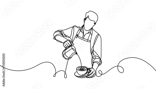 Single line vector image of a barista pouring milk into coffee.