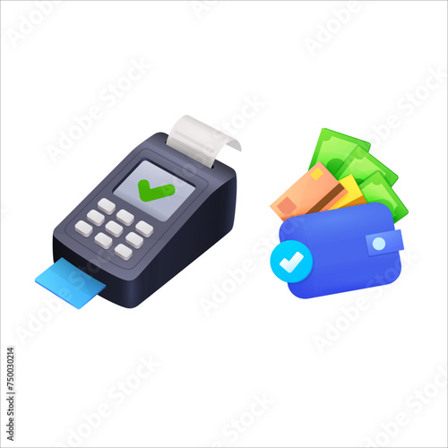 Vector payment machine and credit card. POS terminal confirms the payment by debit credit card, invoce. NFC payments concept. bank, finance, investment, money wallet.
