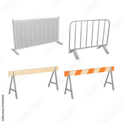 Different road barriers set. Metal and plastic traffic barricades isolated on white background. Work zone safety on highway construction.
