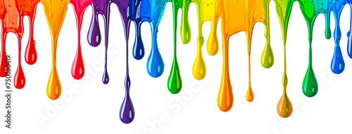 Horizontal image of flowing multi-colored drops of paint on a white background