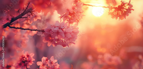 sunset hues casting a warm glow on cherry blossoms